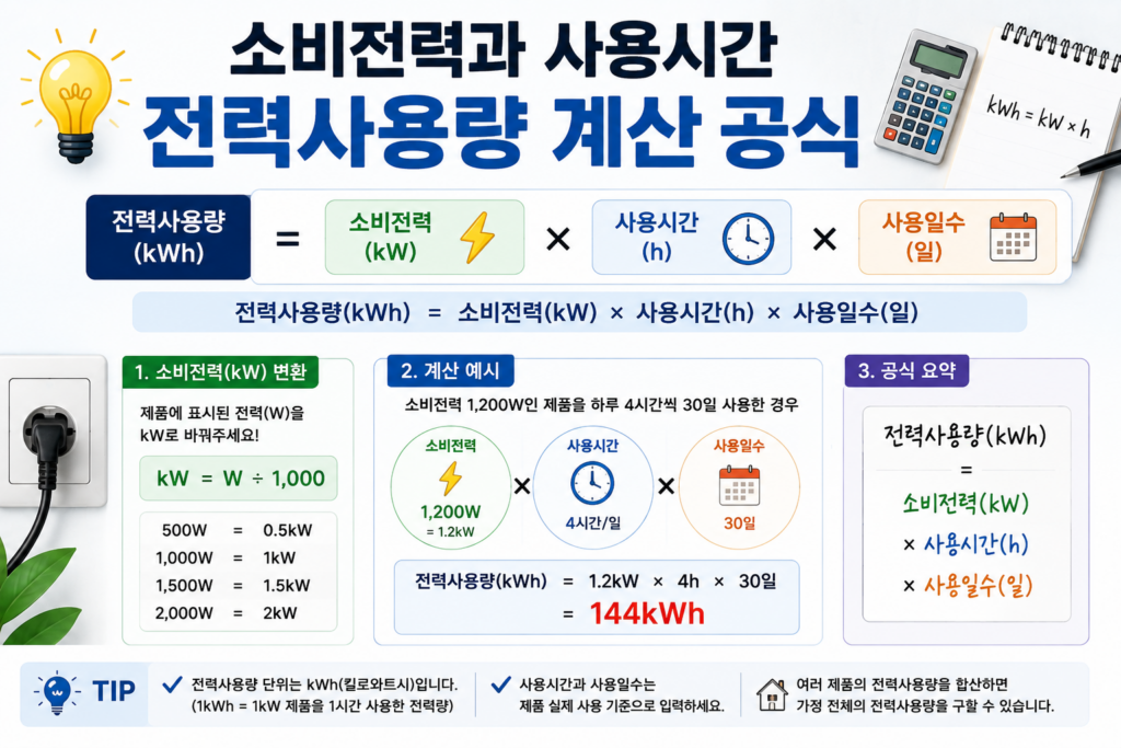 소비전력과 사용시간 전력사용량 계산 공식