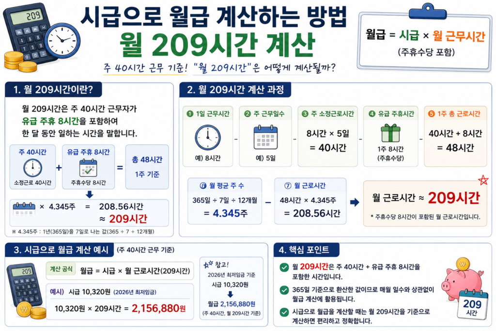 시급으로 월급 계산하는 방법 월 209시간 계산