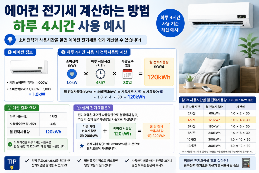 에어컨 전기세 계산하는 방법 하루 4시간 사용 예시