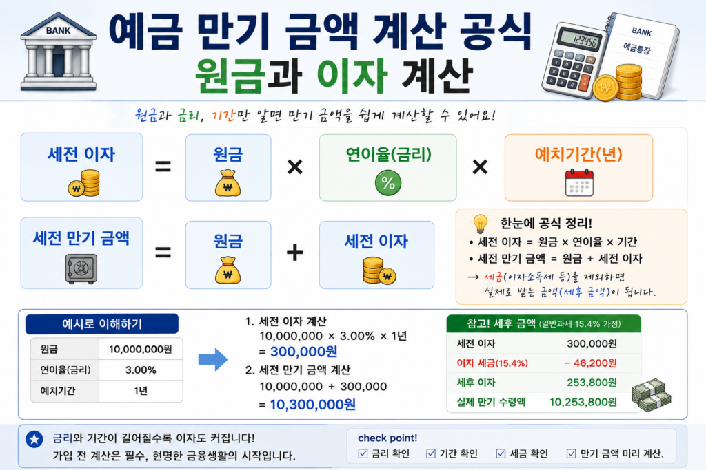 예금 만기 금액 계산 공식 원금과 이자 계산