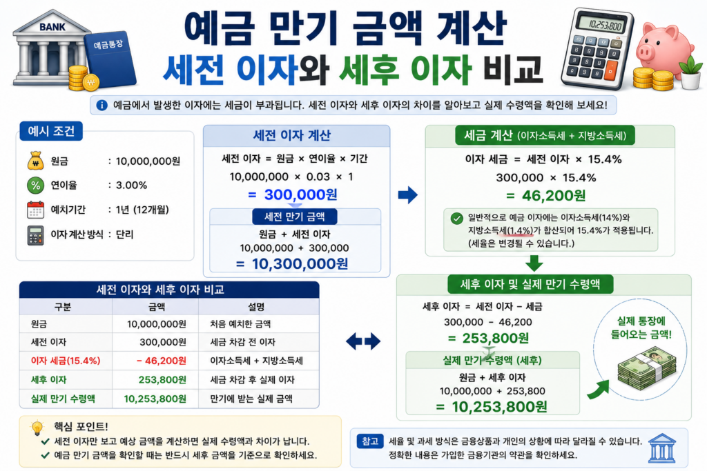 예금 만기 금액 계산 세전 이자와 세후 이자 비교