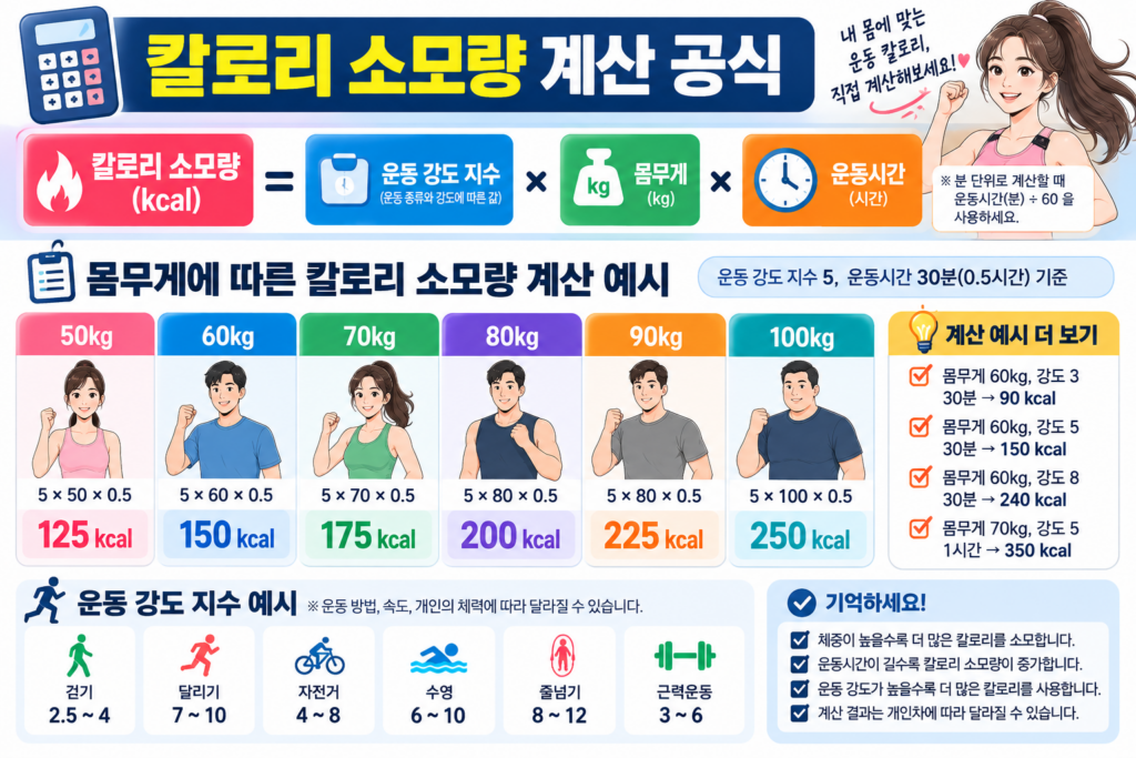 체중에 따른 칼로리 소모량 계산 예시