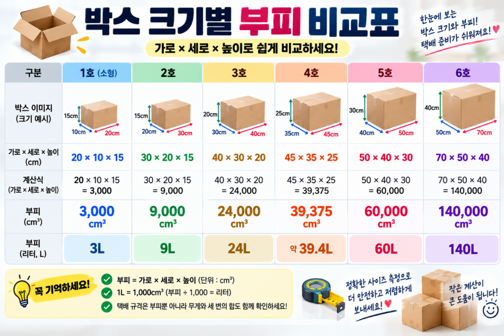 박스 크기별 부피 비교표