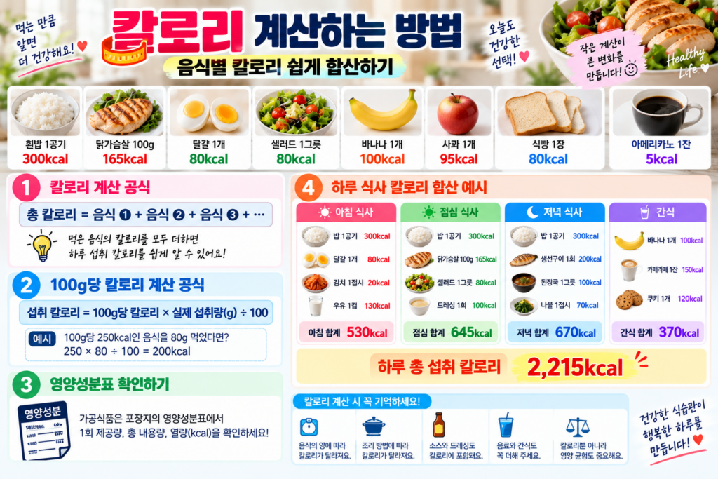 칼로리 계산 공식과 음식별 칼로리 합산 계산 예시